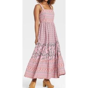 Knox Rose Floral Dusty Pink Smocked Tiered Maxi Dress Womens XXL Boho Cottage